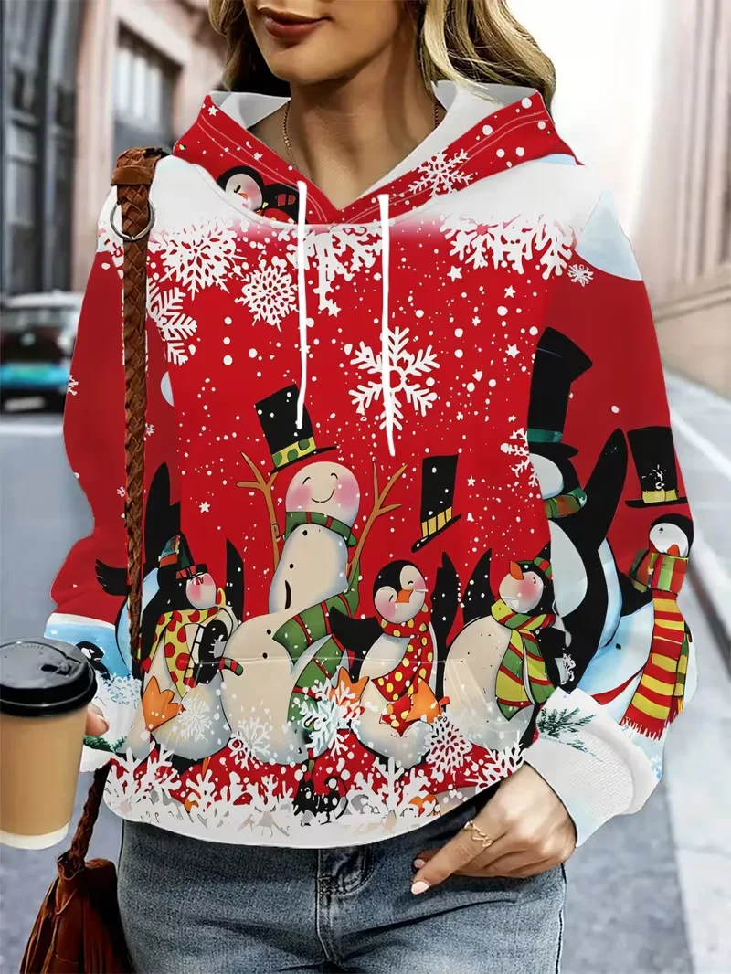 Women casual loose long sleeve kangaroo pocket hooded sweatshirt 3D fun cartoon Christmas snowman element print casual Pullover