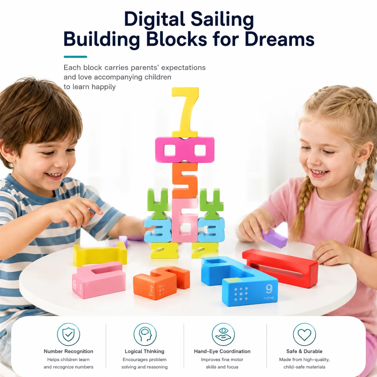 Wooden educational digital blocks, creative puzzles, stacking toys, fun brain-burning, early education topics, Montessori style