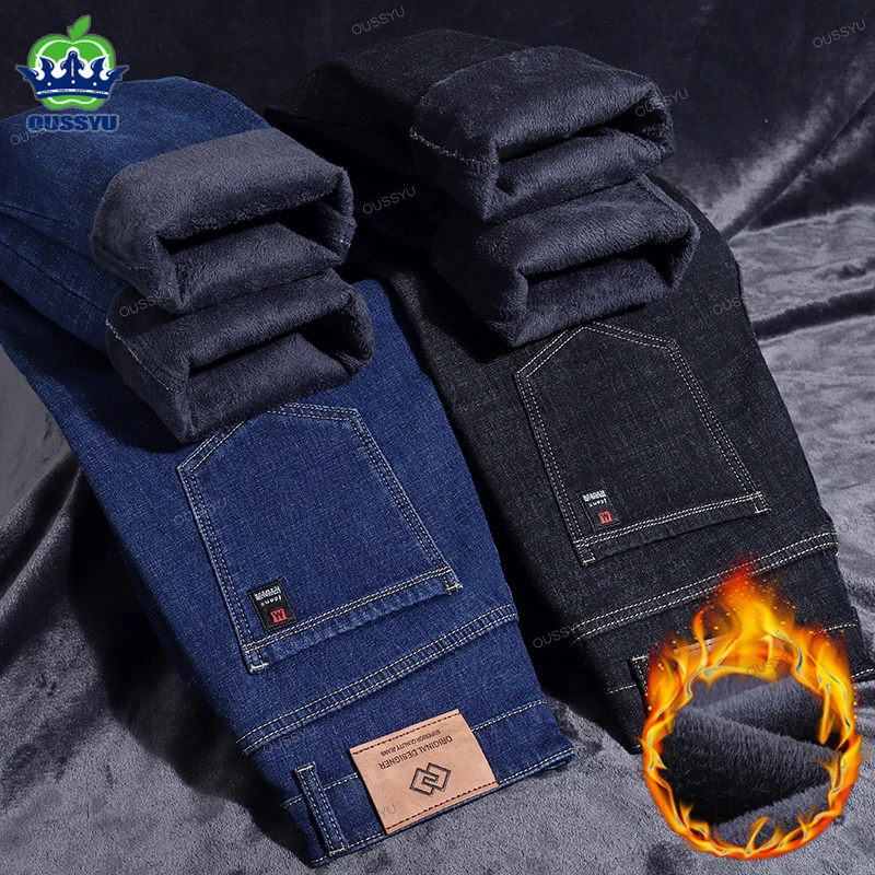 

Winter Fleece Warm Thick Men's Jeans Business Straight Denim Pants Plush Flocking Work Outdoors Trousers Male Fat Large Size 40