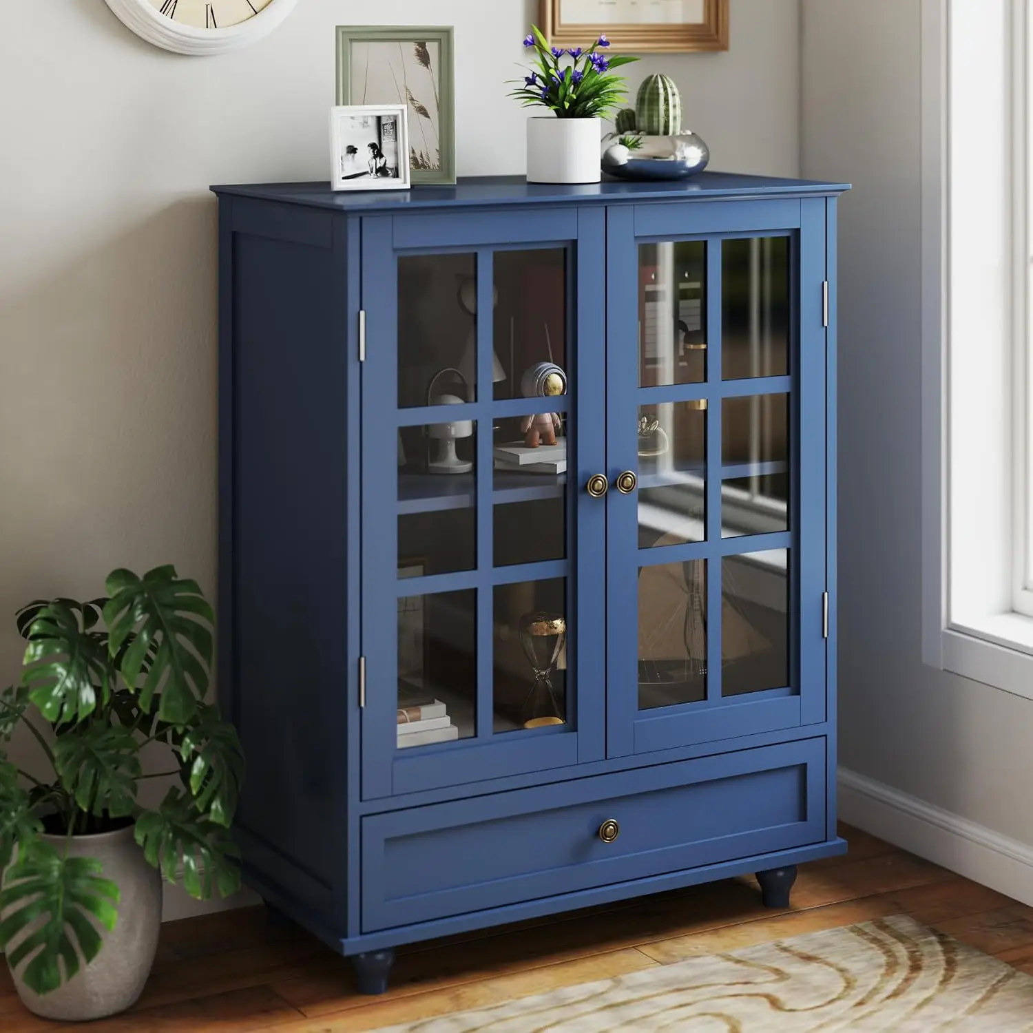 Vintage Blue Buffet Cabinet Glass Doors Drawer Kitchen Storage Sideboard Wooden, Customized