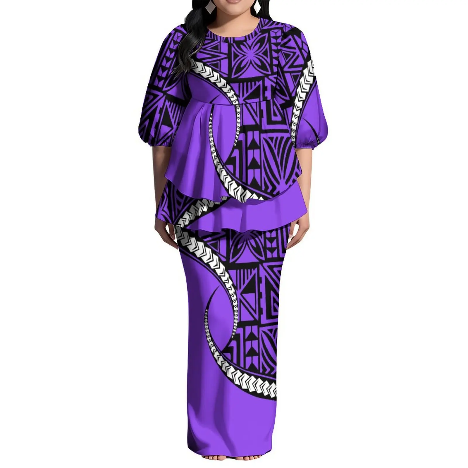 Polynésien Puletasi Puff demi manches deux pièces nouvelle-zélande femmes robe personnalisée grande taille col rond à volants longue robe Maxi