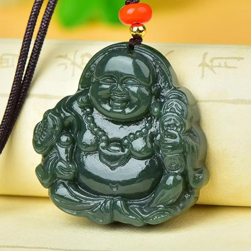 Natural Green Jade Money Buddha Pendant Necklace Men Women Genuine Chinese Hetian Jades Buddha Lucky Charms Amulet Sweater Chain