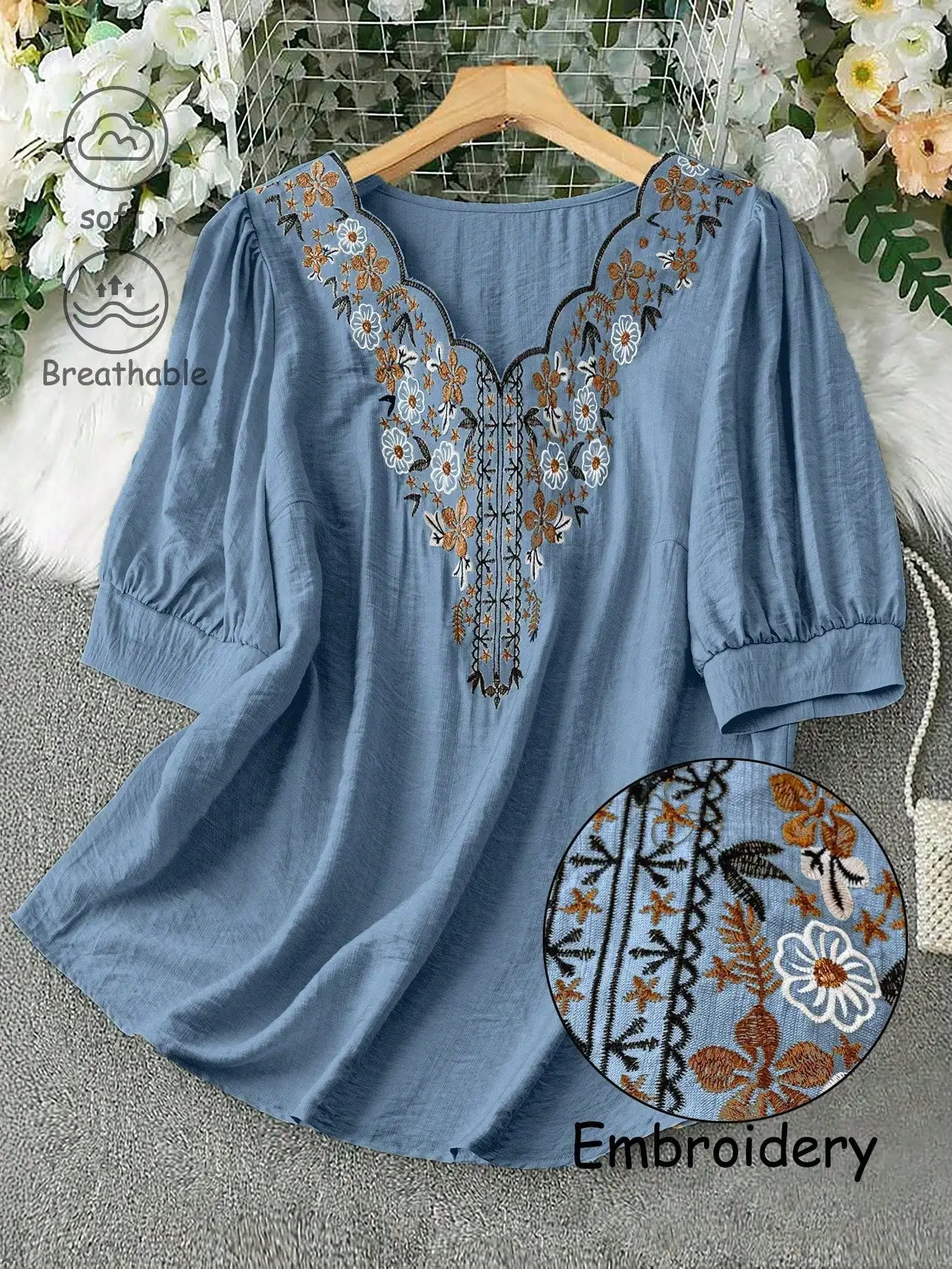 

Женская блузка с цветочным узором, синяя, с V-образным вырезом, свободного кроя, с короткими рукавами