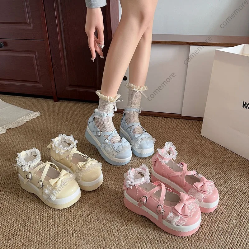 Comemore Sweet Girls Lolita Flat Platform Female Shoes Lace Bow Cute Marry Jane Height Increasing Women's College Style Jk Shoes