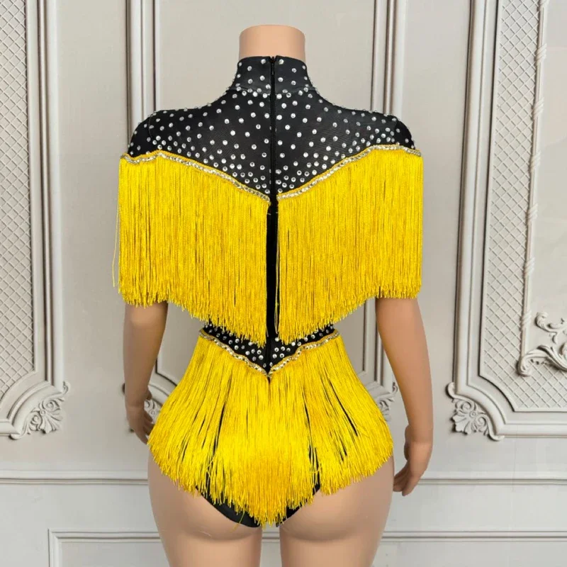 Drag Queen Clothes Sexy Gogo Costume Yellow Fringed Rhinestones Bodysuit Women Nightclub Ds Dj Party Outift Rave Wear