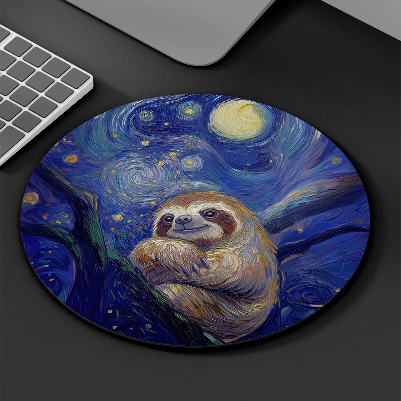 The circular mouse pad with starry night sloth pattern is durable, waterproof and made of anti-slip rubber for home use