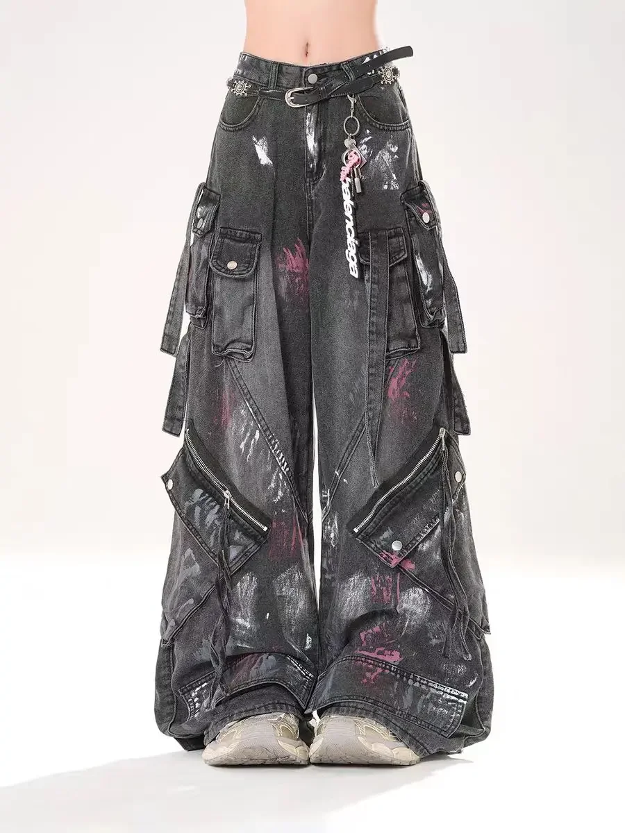 

2000s heavy industry drag pants Gothic multi-pocket jeans washed black jeans men and women street hip hop wide leg pants