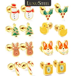 LUXUSTEEL 316L Surgical Steel Earrings Golden Plated Christmas Tree Snowman And Cute Cartoon Duck Stud Earrings Women Girl