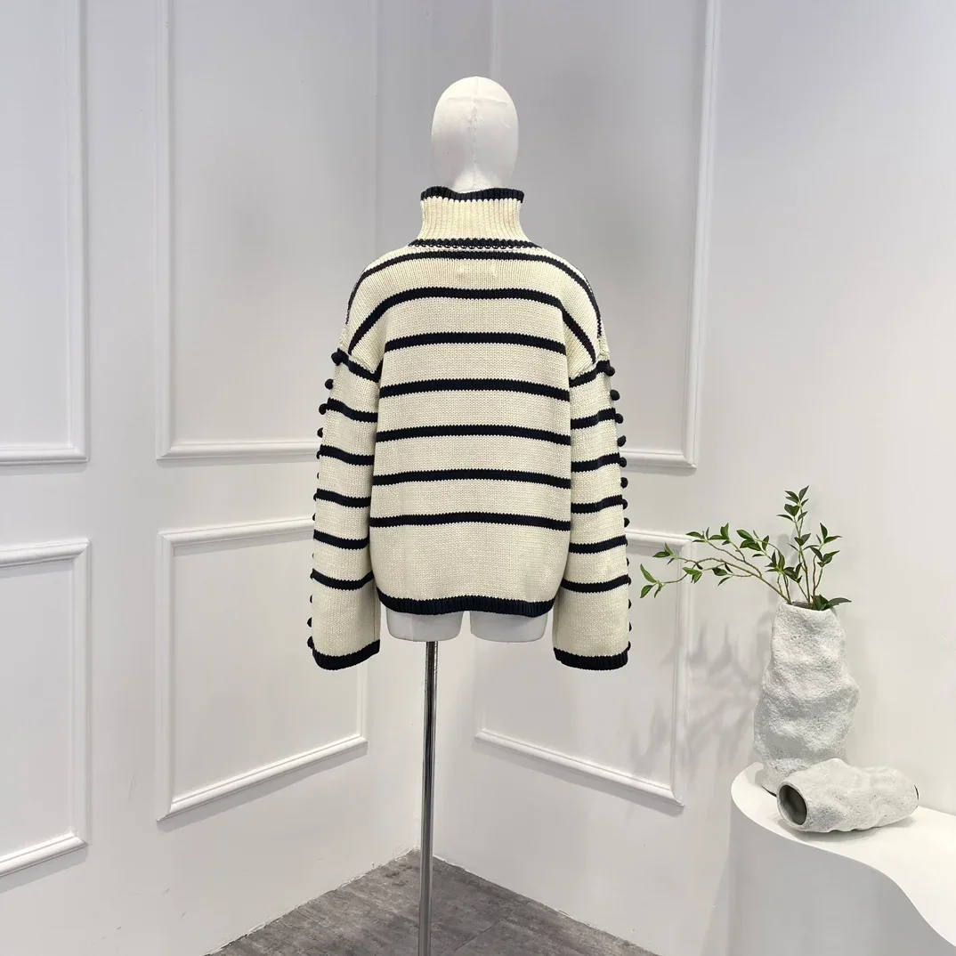 2023 New Arrival Fall Winter High Quality Beige Turtleneck Striped Long Sleeve Casual Pullover Sweater for Women