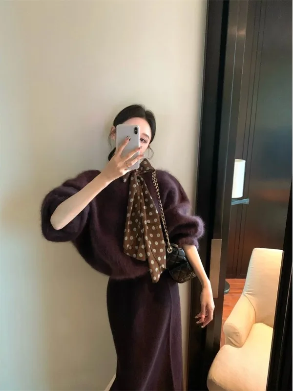 Stylish Retro Knitted Sweater Scarf High Waist Skirt Set Women's Fashion Spring 2026 Three-Piece Ensemble Warm Long Sleeve