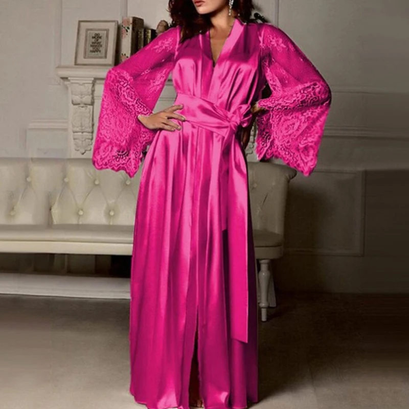 

Long Silk Bathrobe Lace Patchwork Soft Nightgown Home Wear for Ladies