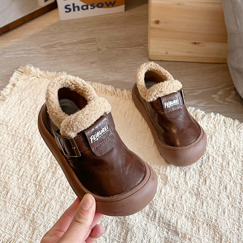 Toddler Boys Girls Soft Fluffy Leather with Buckle 2025 New Winter Kids Warm Cotton Boots Non-slip Versatile Chic Outdoor Play