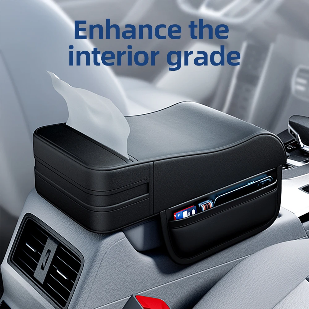 Car Armrest Heightening Pad With Tissue Box Side Pockets For Storage Widen Leather Armrest Cushion Central Armrest Elbow Support