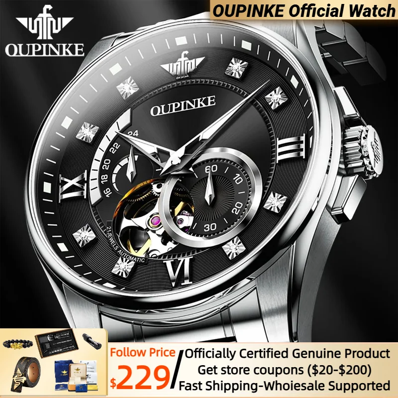 

OUPINKE Men Automatic Watches Luxury Tungsten steel Skeleton Self-Winding Watches Sapphire Swiss Mechanical Movement Watch 3245