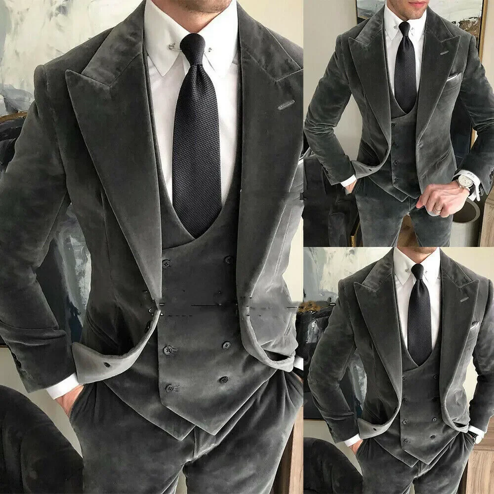 Esmoquin de terciopelo gris para hombre, trajes africanos para baile de graduación, ropa de novio ajustada, chaqueta de disfraz de moda masculina con pantalones, chaleco