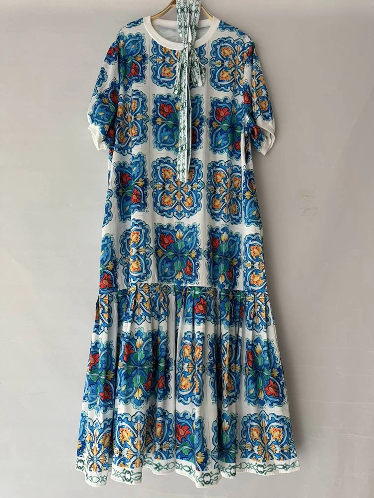 Vestido pulôver retrô com estampa geométrica, gola redonda, verão 2025, camiseta feminina, saia bufante plissada solta e elegante