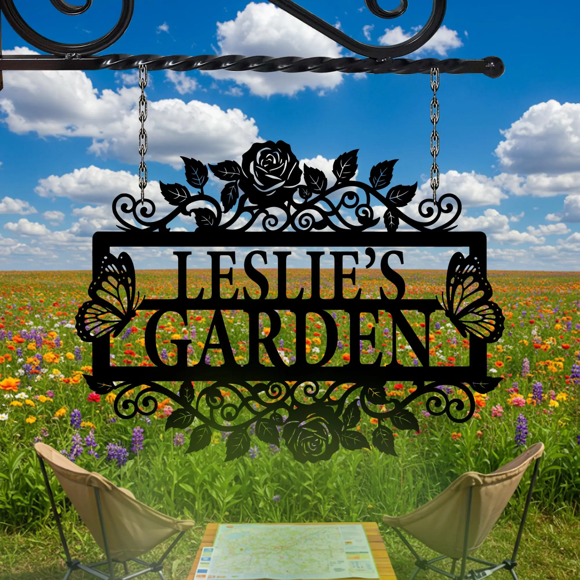 Custom Floral Garden Decor Custom Name Metal Garden Wall Art Butterflies Roses Outdoor Decor Flower