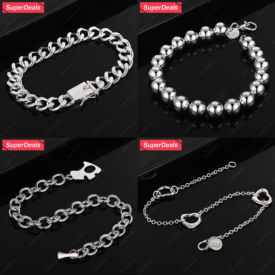 

SuperDeals 925 Sterling Silver Heart Shaped Beads Dog Bone Cuban Chain Bracelet Women Engagement Party Gift Trendy Jewelry