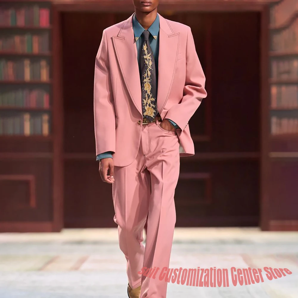 

Men's Pink Single Breasted Suits Classic 2 Piece(Jacket+Pants) Set with Contrast Stitching Retro Business & Evening Party Outfit