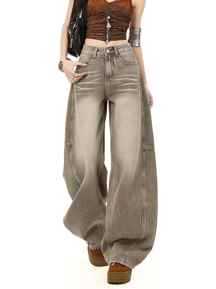 

KSTUN Women's Vintage Washed Curved Wide Leg Jeans Faded Khaki High Street Style Loose Slimming Baggy Floor-Length Denim Pants