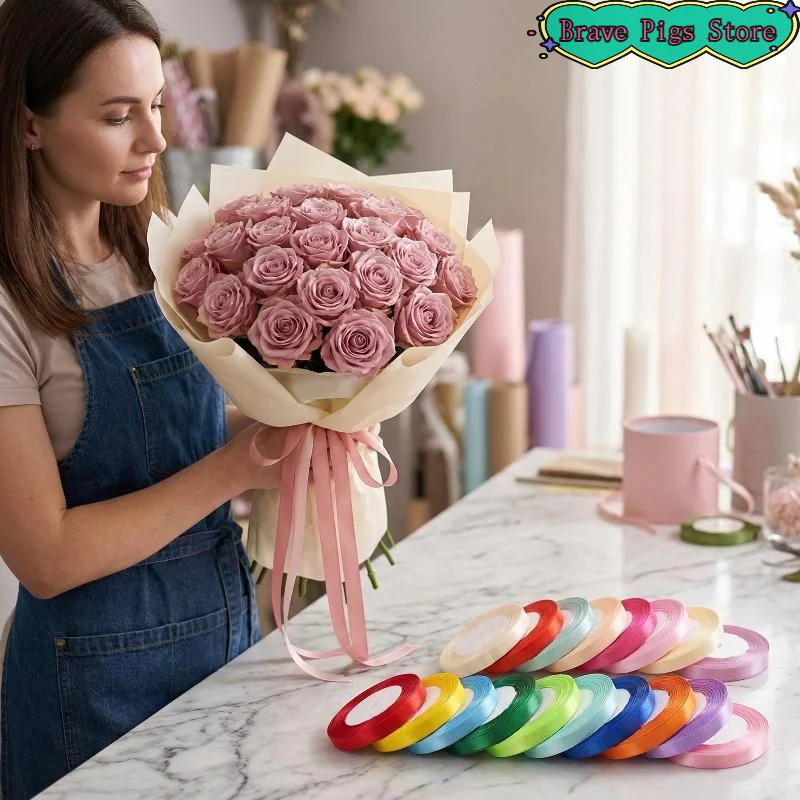 [HM]Flower Bouquet Packaging Wedding Birthday Ribbon Making DIY 1cm (25 Yards/roll) Satin Flat Ribbon Roll Gift[HM]