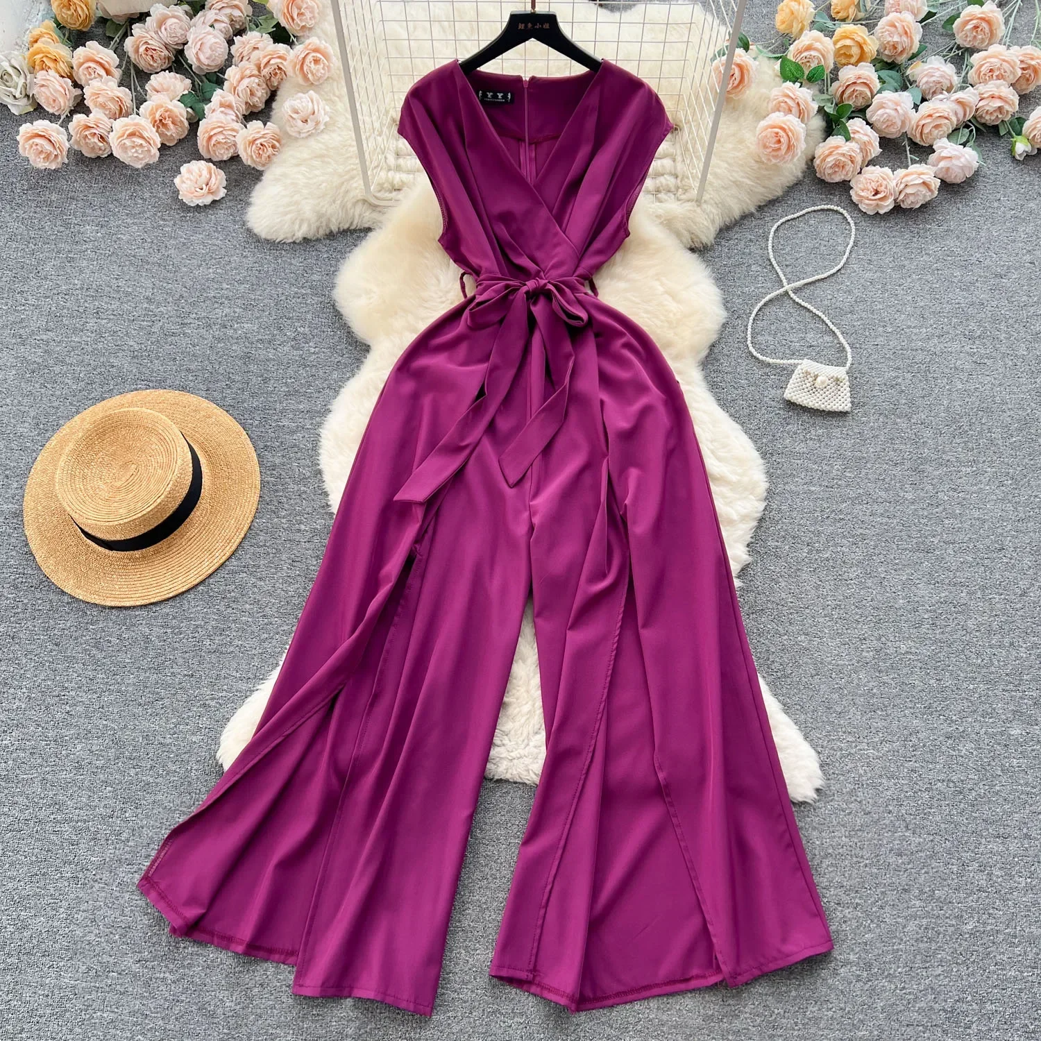 Summer Vintgae Women Wide Leg Jumpsuit Female Elegant V-Nevck Sleeveless High Waist Slim Casual Bandage Romper New Fashion