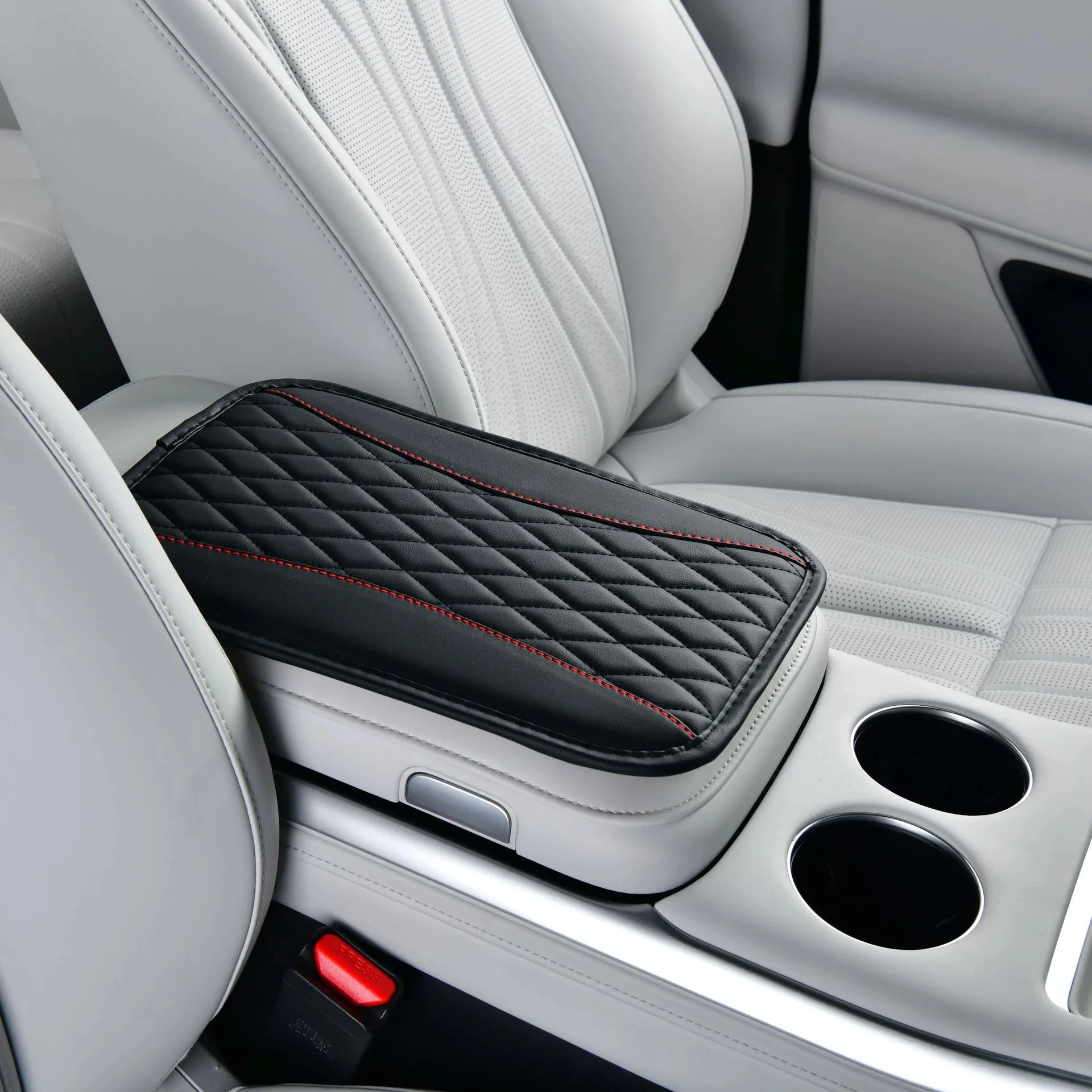 Elegant Rhombus PU Leather Car Central Control Countertop Support Pad Armrest Box Protection Pad with Double Pockets or No Pocke