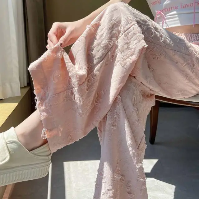 Rosa amerikanische Distressed-Hose mit weitem Bein für Damen, Sommerhose mit hoher Taille, drapiert, lockere Freizeithose mit geradem Bein