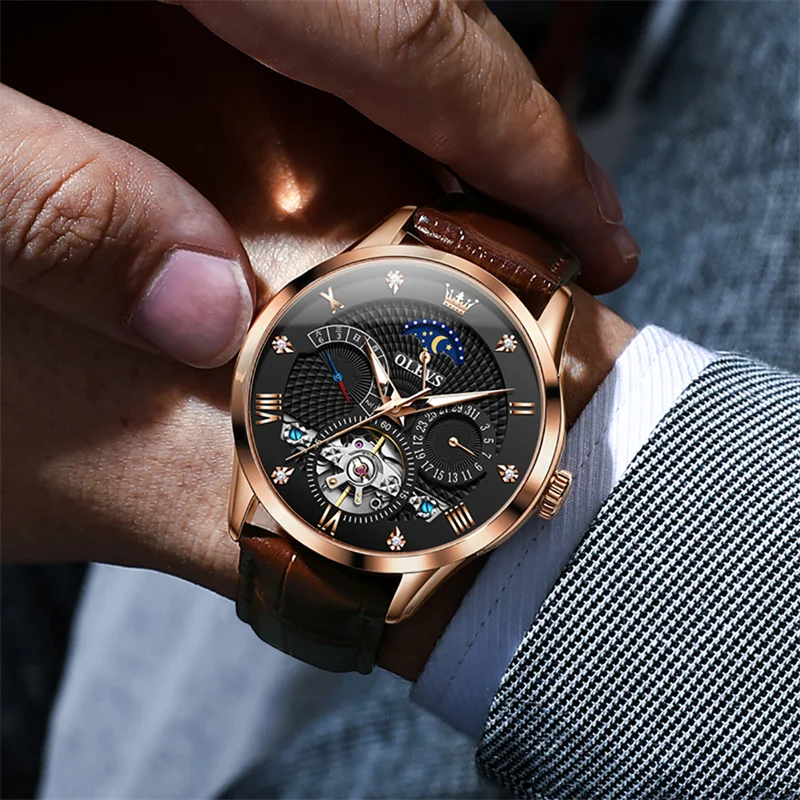 Reloj Hombre OLEVS Classic Multifunction Leather Mens Watches Automatic Mechanical Watch Men Tourbillon Clock Rose Gold