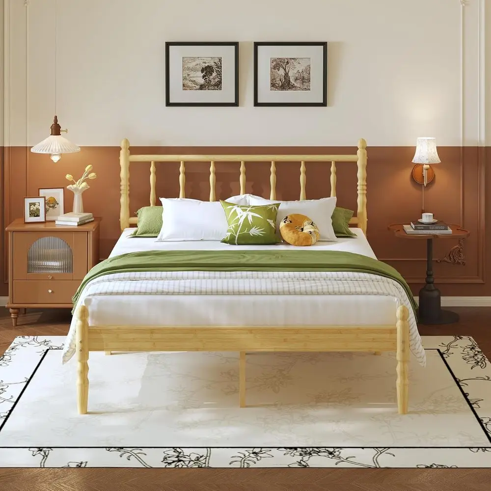 14 Inch Queen Bamboo Bed with Scalloped Board, Heavy-Duty Slatted Base, No Box Spring Needed