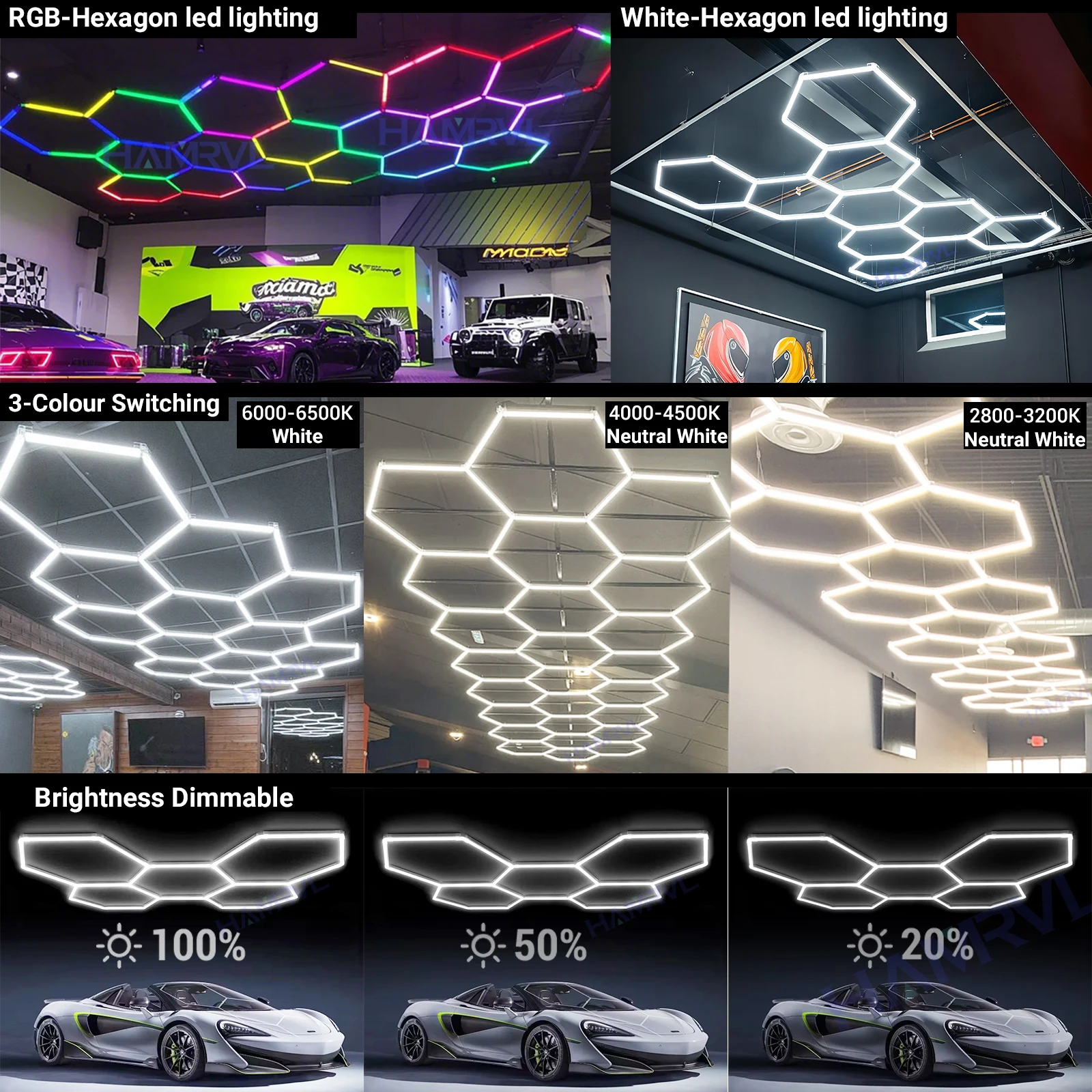 

Шестигранный светодиодный потолочный светильник RGB с регулируемой яркостью 3000K/4000K/6000K, настраиваемый окружающий белый, идеально подходит для гаражной мастерской, тренажерного зала, офиса, парикмахерской