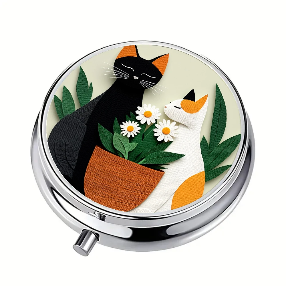 1 Flat Medicine Box with a Black and White Cat, Daisy, and Green Leaf Design. It Has Three Compartments, Is Portable, Safe, and Can Be Placed in a Wallet or Purse.