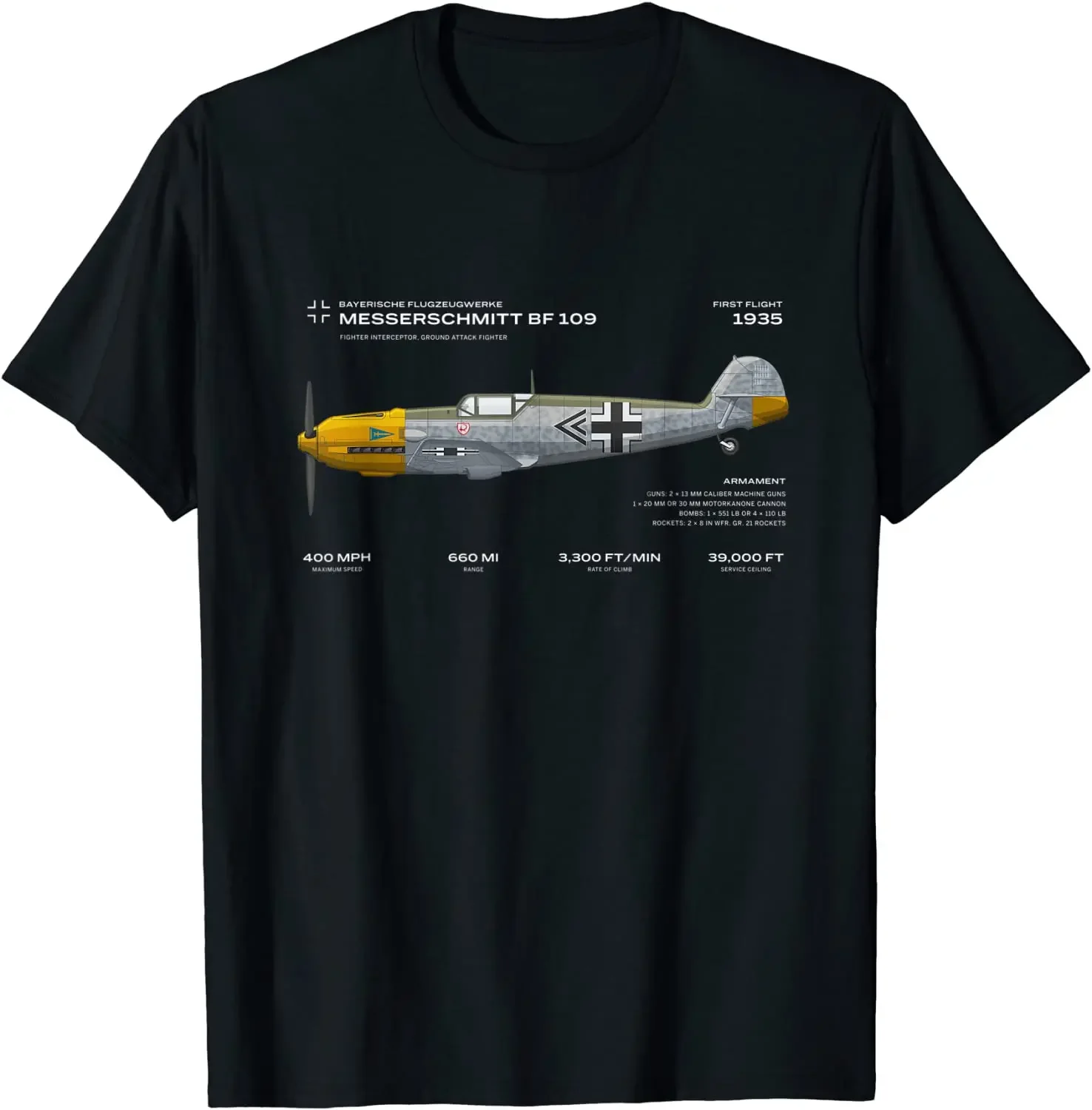 WWII German Air Force Messerschmitt Bf 109 Fighter T-Shirt. Summer Cotton O-Neck Short Sleeve Mens T Shirt New