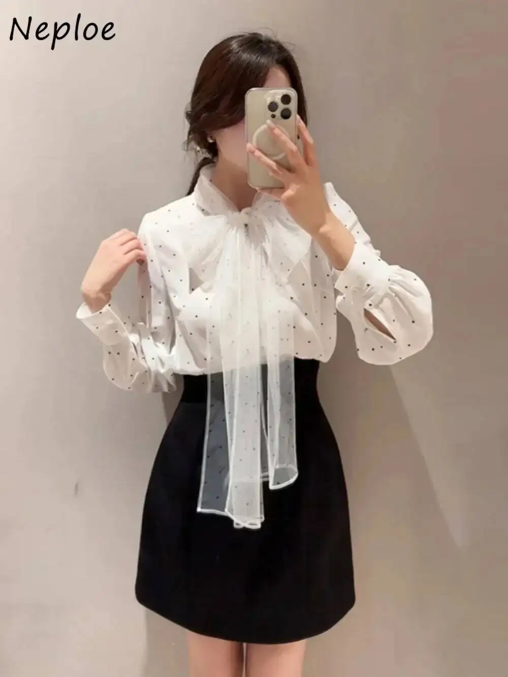 

BabYoung Exquisite Fresh Chiffon Pullover Ropa Mujer Lantern Sleeve New Advanced Ruffles Blusa Japan Bow Lace Up Polka Dot Shirt