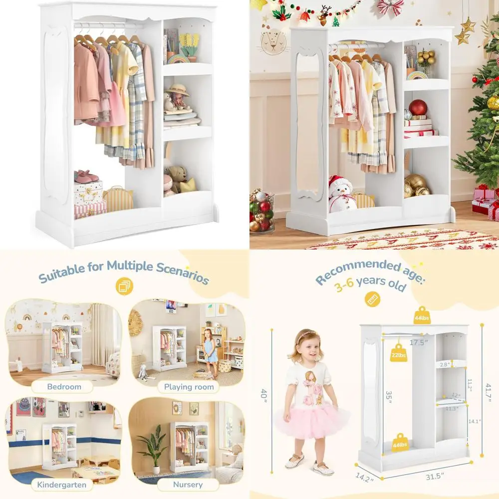 

Children's White Storage Cabinet with Mirrored Doors, Open Hanging Closet, and Playroom Organizer