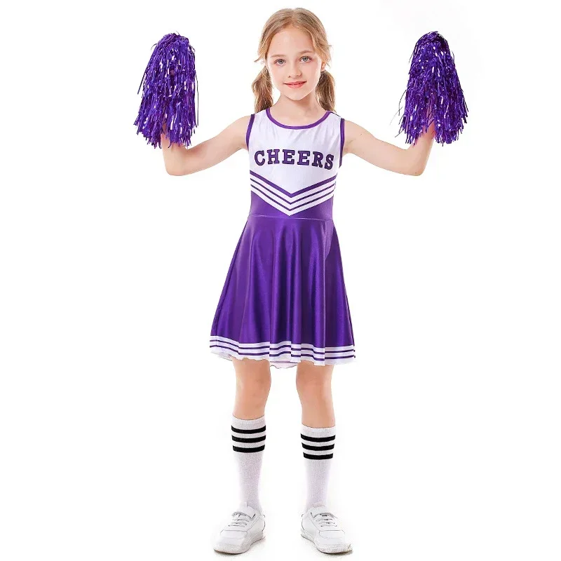 Costume de pom-pom girl pour enfants, uniforme de pom-pom girl, tenue d'écolière de Pourim, robe d'Halloween, pompons, performance sur scène