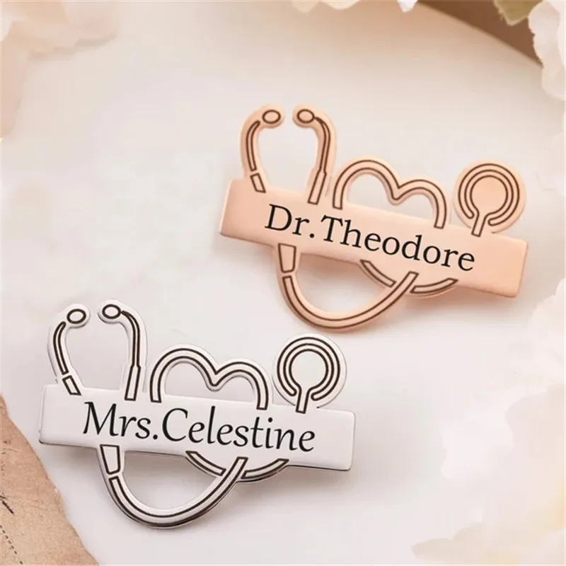 Personalized Customized Name Brooches For Women Gold Color Stainless Steel Letter Stethoscope Pin Badges Broochs Wedding Jewelry