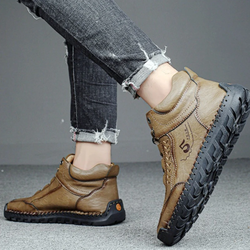 

Men's Solid-color Round-toe Autumn New Style Flat Mid-top Lace-up Casual High-quality Wear-resistant and Anti-slip Work Shoes