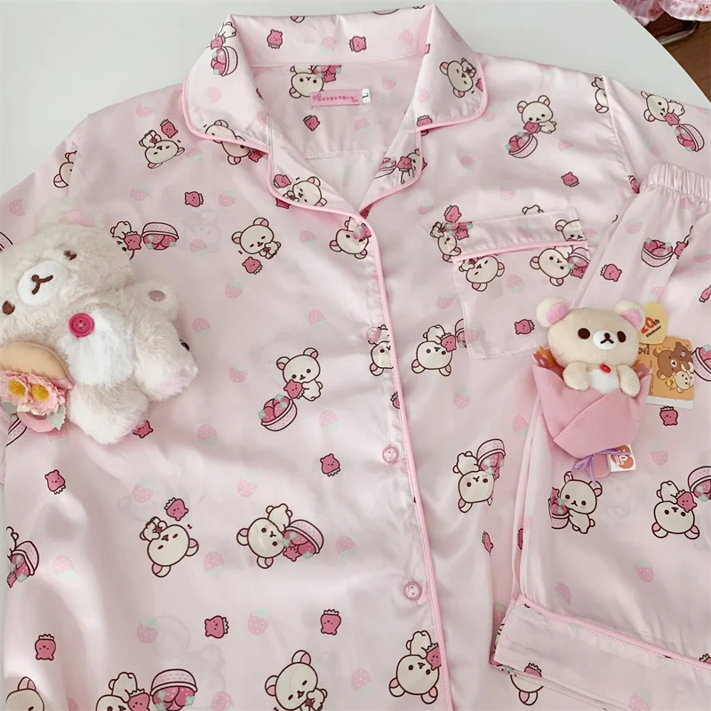 Rilakkuma Korilakkuma Pink Pajama Sets Loungewear Sleepwear Anime Bear Spring Summer Kawaii Cute Clothes for Women Teen Girl