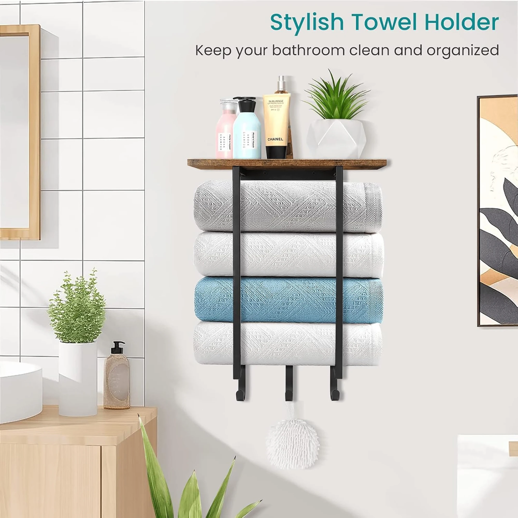 Wall Mount Towel Rack with Wood Shelf 3 Hooks