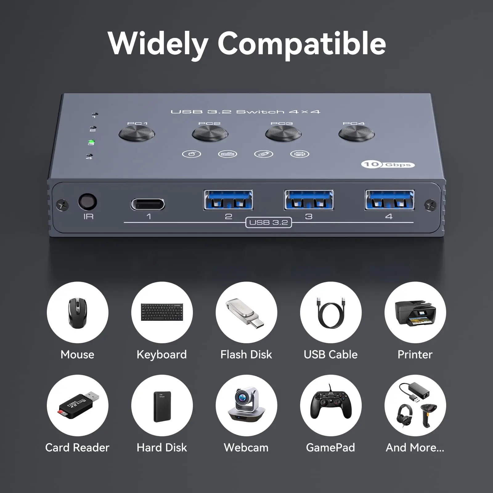 2025 새로운 USB 3.2 스위치 선택기 4 컴퓨터 공유 4 USB 장치, 4 포트 USB 스위처 공유 키보드 마우스 프린터 스캐너