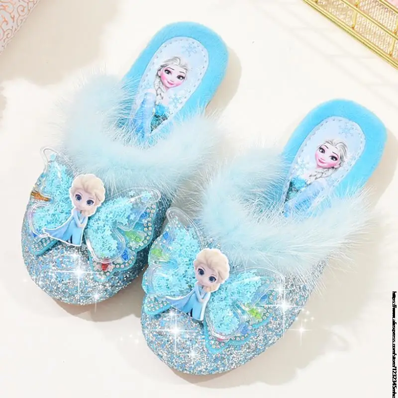 Disney Girls Fur Slipper Frozen Sequined Princesse Children Party Dress Elsa Shoes Leather Home Slipper For Kids Slides