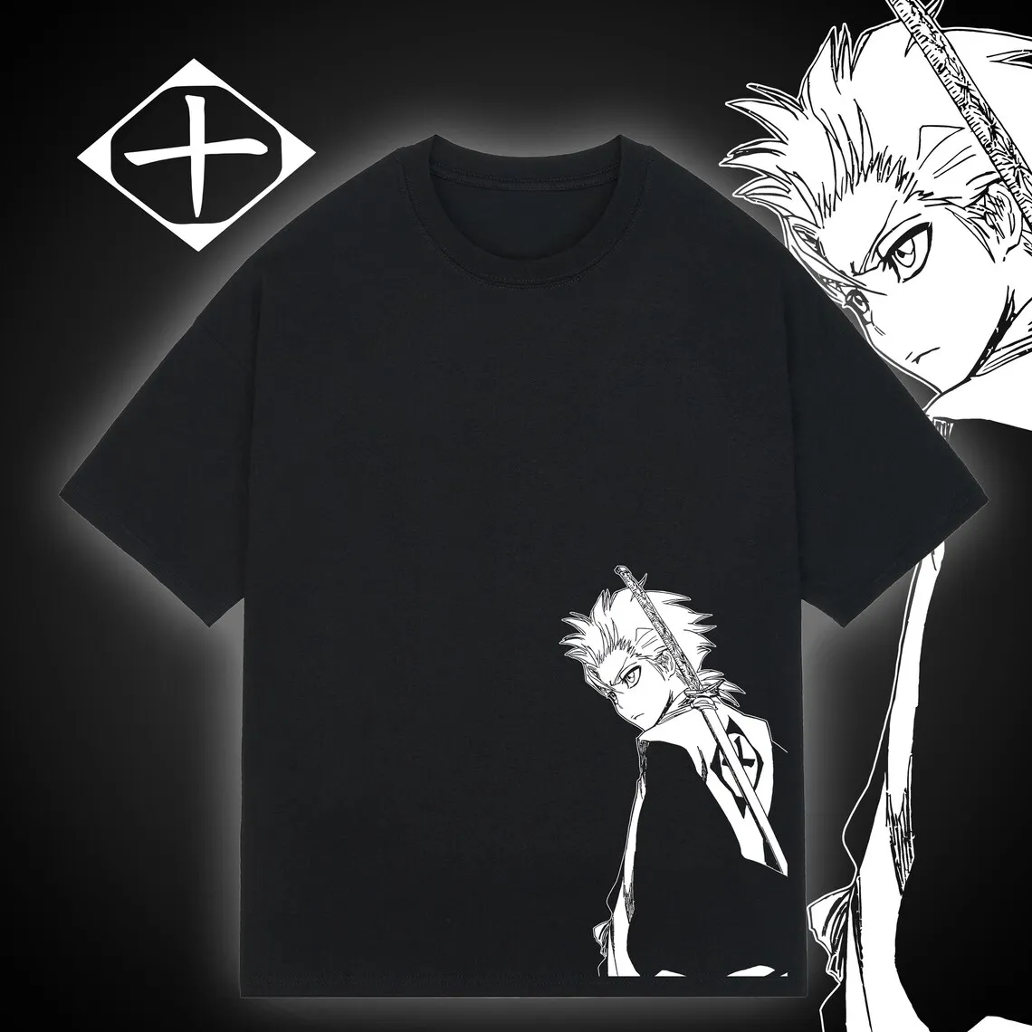 Camiseta Oversize de Anime BLEACH Hitsugaya Toshiro Verano 2026, Estampado de Arte Lineado, Estilo Casual Urbano, Camiseta Negra para Hombre y Mujer