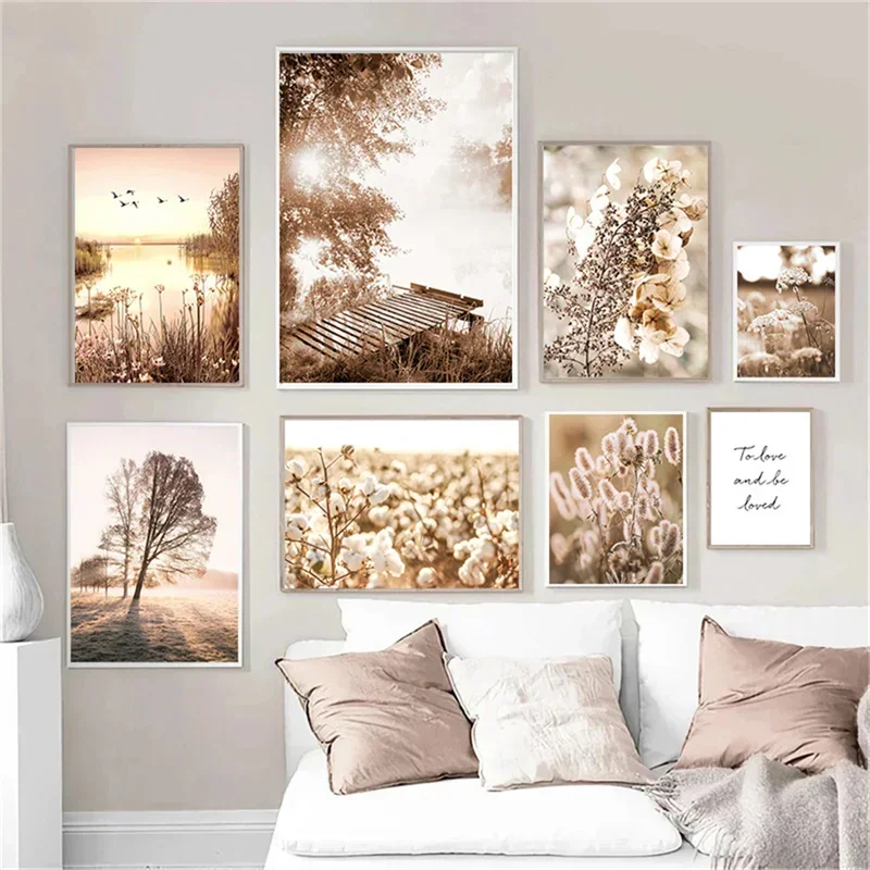Autumn Sunlight Landscape Wall Art Canvas Painting Nordic Reed Poster Wheat Ears Poster Wall Pictures for Living Room Fall Decor