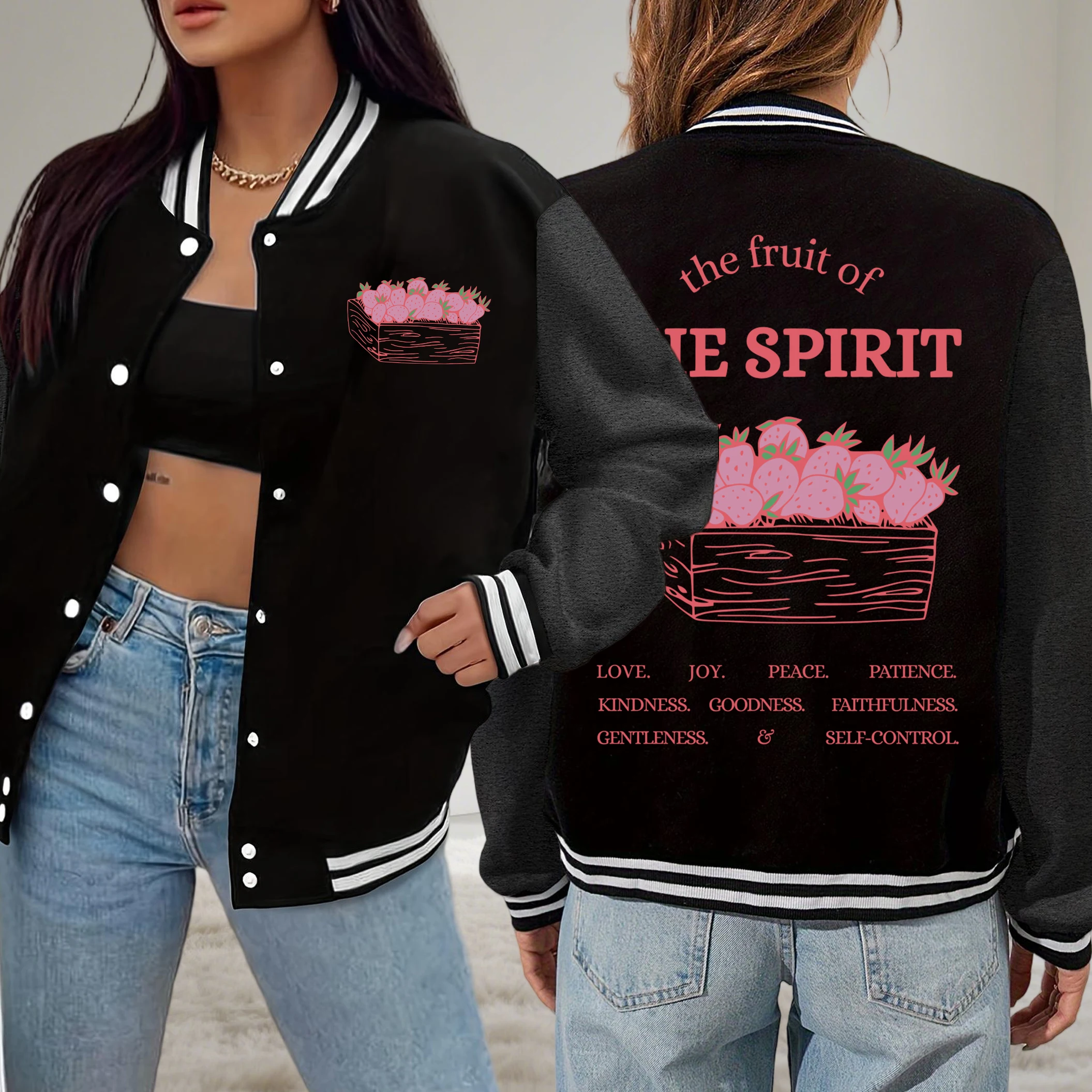

The Fruit Of The Spirit Strawberry Printed Women Jacket Trendy Fleece Clothes Pocket Loose Baseball Uniform Hip Hop Streetwear