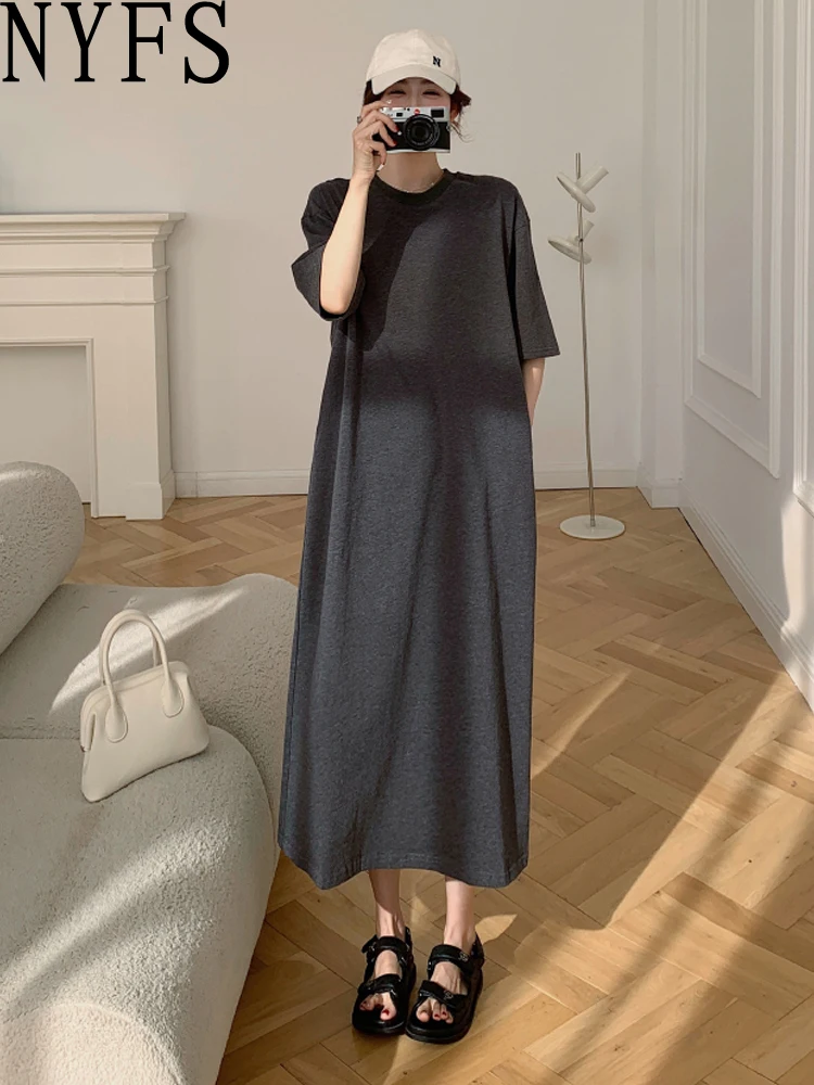 NYFS 2025 فستان صيفي فضفاض مقاس كبير فساتين طويلة متينة على الطراز الكوري رداء Elbise فستان نسائي بأكمام قصيرة