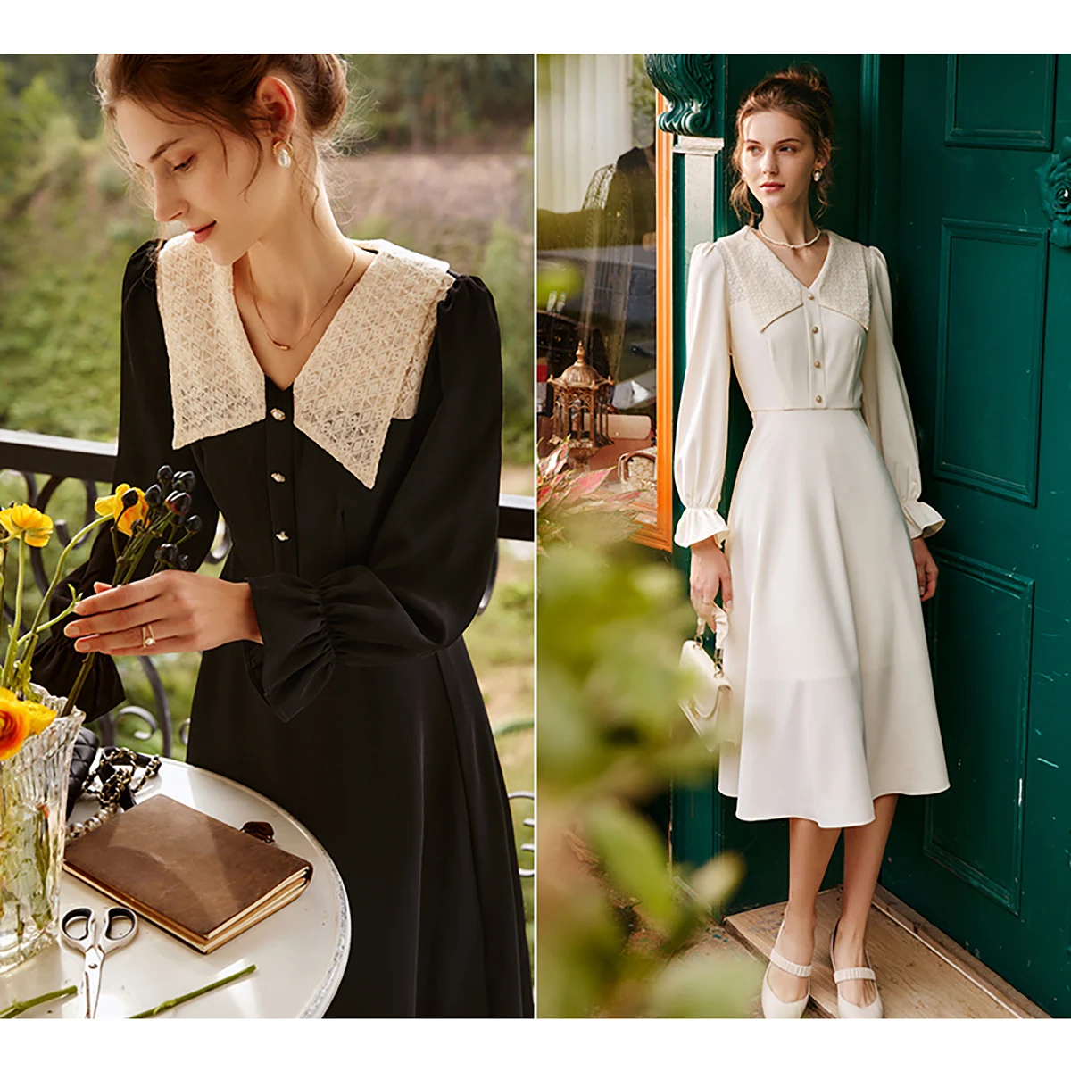 OLrain Black Dresses Woman Elegant Ladies 2025 Autumn French Fashion Lace V Neck Long Sleeve Midi Dress Women Clothes O22CL58351