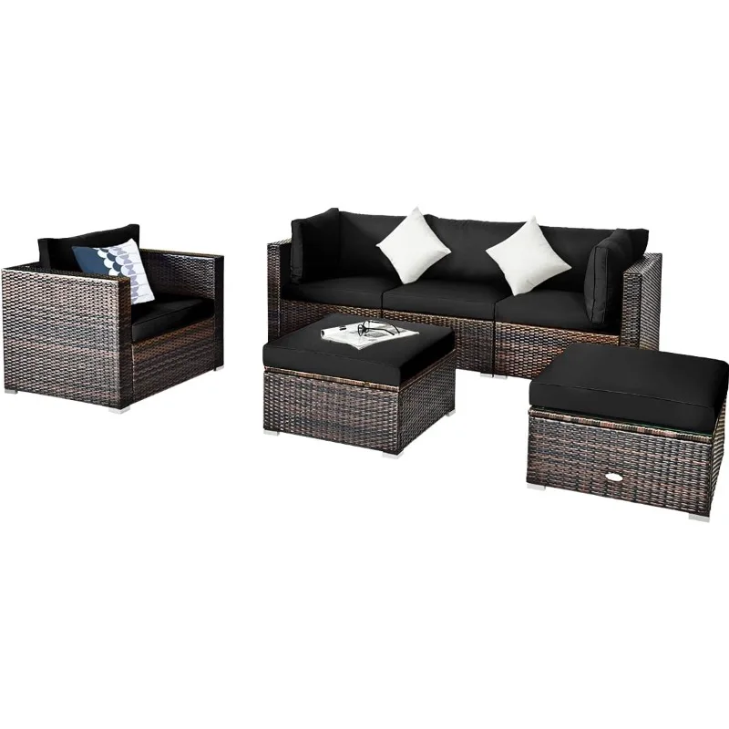 

6 Pieces Patio Rattan Sectional Furniture Set, Outdoor Wicker Conversation Set with Glass Coffee Table Sofa Ottoman