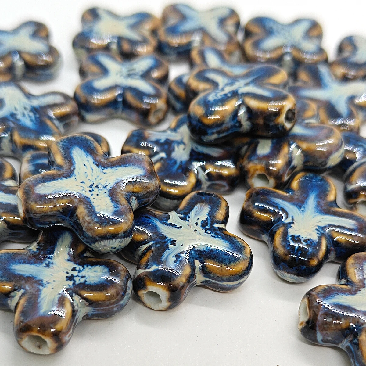2.2cm 4pcs/6pcs  Handmade Fossil Color Cross-shaped Ceramic Beads For DIY Bracelet Keychain Necklace Gifts Accessories