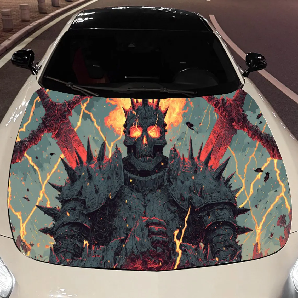 

Gothic Spiky Skeleton & Twin Swords Car Hood Sticker, Waterproof Self-adhesive Vehicle Vinyl Wraps Decal, Trendy Auto Exterior D